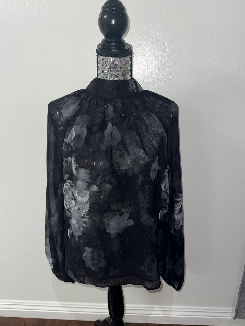 White House Black Market Black Sheer Floral Mock-Neck Blouse